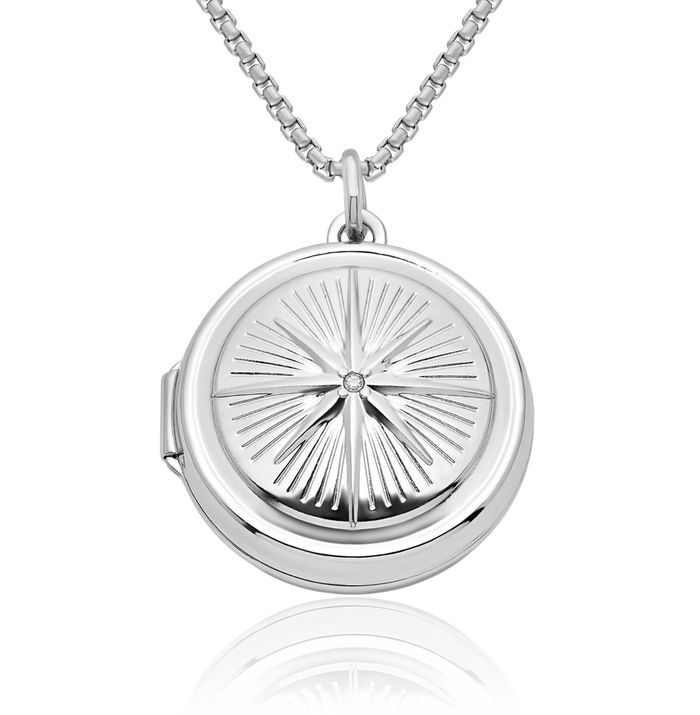 925 Sterling Silver Cubic Zirconia CZ North Star Compass Round Personalized Photo Locket Necklace Nautical Picture Pendant Charm
