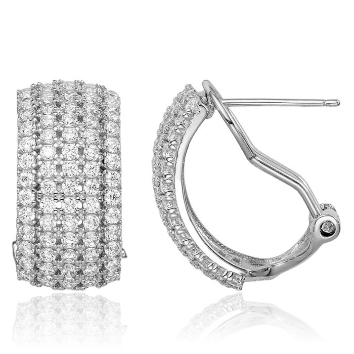 925 Sterling Silver Cubic Zirconia CZ Omega Clip Back Post C Hoop Earrings