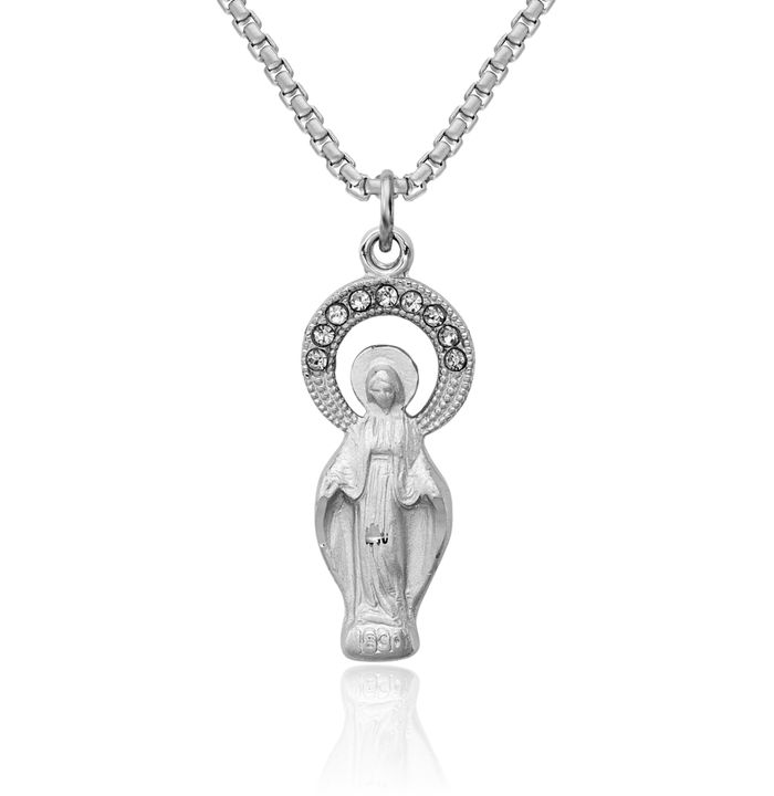 925 Sterling Silver Cubic Zirconia CZ Our Lady of Miraculous Medal Blessed Virgin Mary Necklace Chain Pendant Charm