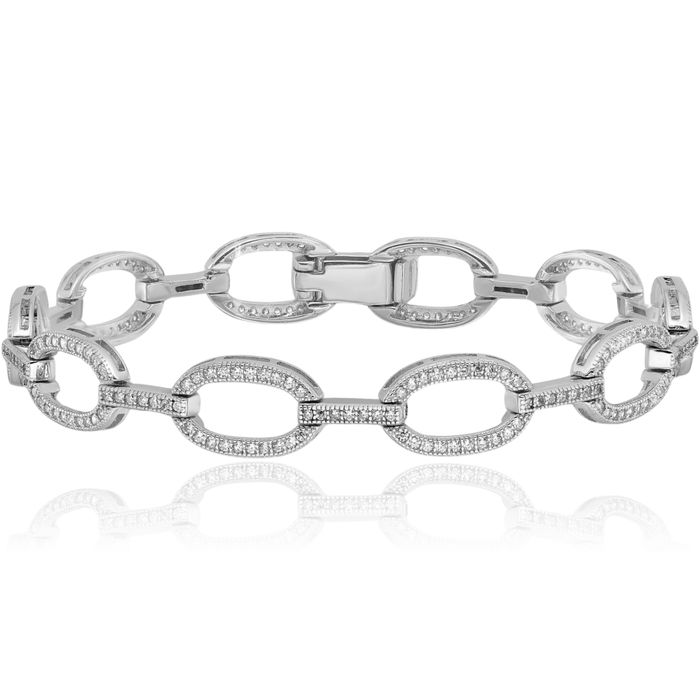 925 Sterling Silver Cubic Zirconia CZ Oval Cable Rolo Link Chain Bracelet