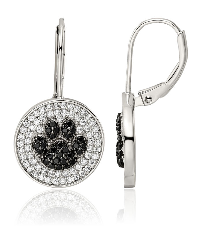 925 Sterling Silver Cubic Zirconia CZ Paw Print Pet Drop Dangle Earrings
