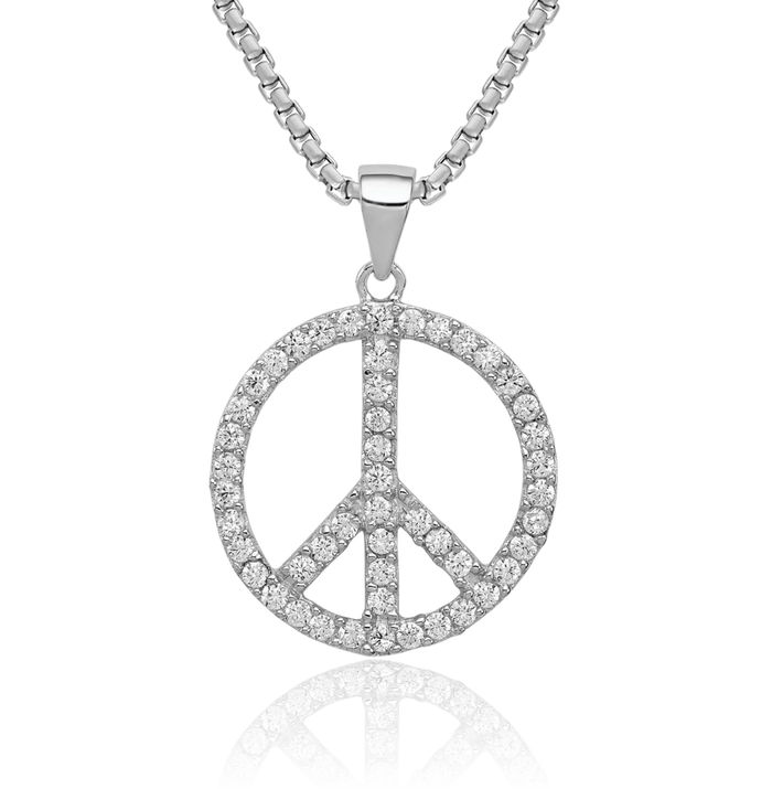 925 Sterling Silver Cubic Zirconia CZ Peace Sign Inspirational Symbol Necklace Chain Pendant Charm