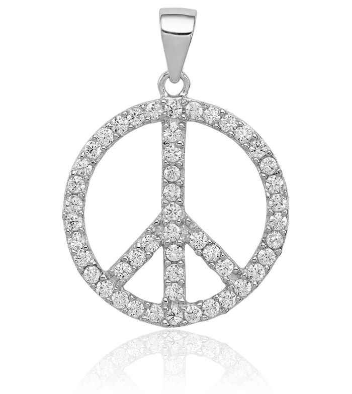 925 Sterling Silver Cubic Zirconia CZ Peace Sign Inspirational Symbol Necklace Chain Pendant Charm