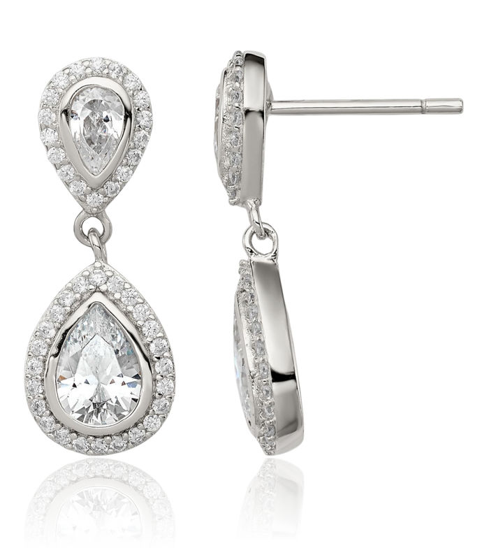 925 Sterling Silver Cubic Zirconia CZ Pear Halo Round Post Drop Dangle Earrings