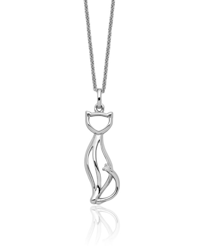 925 Sterling Silver Cubic Zirconia CZ Purrfect Love Cat Necklace Chain