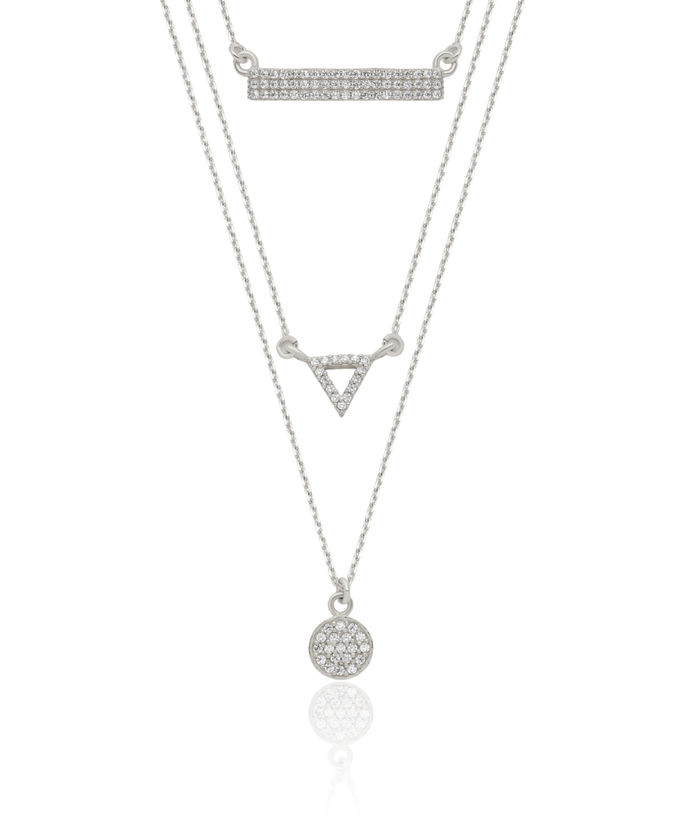 925 Sterling Silver Cubic Zirconia CZ Circle Round Triangle Bar 3 Strand Chain Layering Necklace