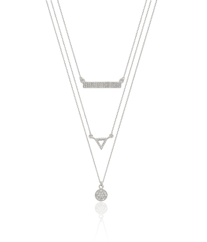 925 Sterling Silver Cubic Zirconia CZ Circle Round Triangle Bar 3 Strand Chain Layering Necklace