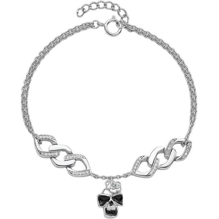 925 Sterling Silver Cubic Zirconia CZ Skull Flower Chain Charm Bracelet