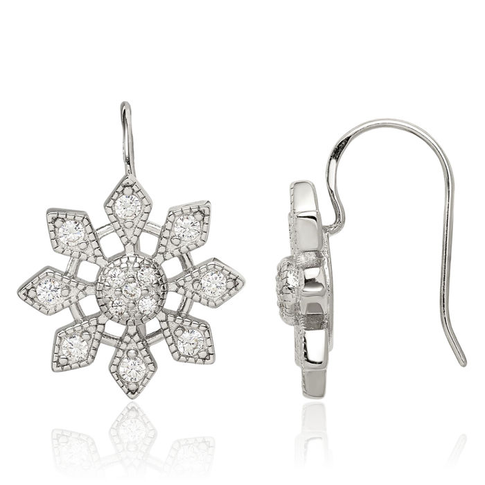 925 Sterling Silver Cubic Zirconia CZ Snowflake Drop Dangle Earrings