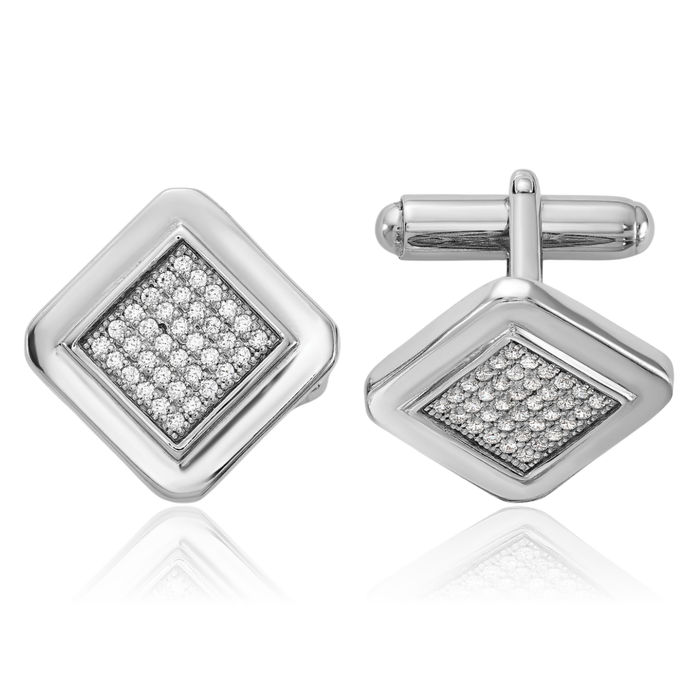 925 Sterling Silver Cubic Zirconia CZ Square Cuff Links