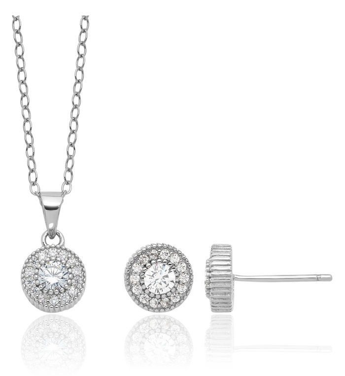 925 Sterling Silver Cubic Zirconia CZ Stud Earrings Necklace Chain Set