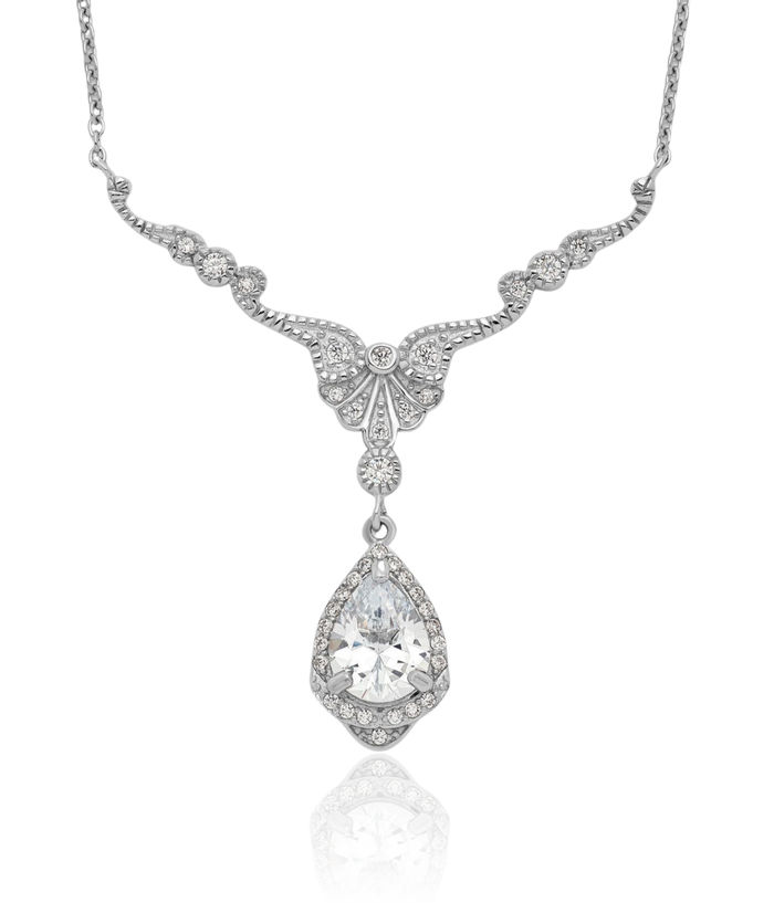 925 Sterling Silver Cubic Zirconia CZ Teardrop Dangling Necklace Chain