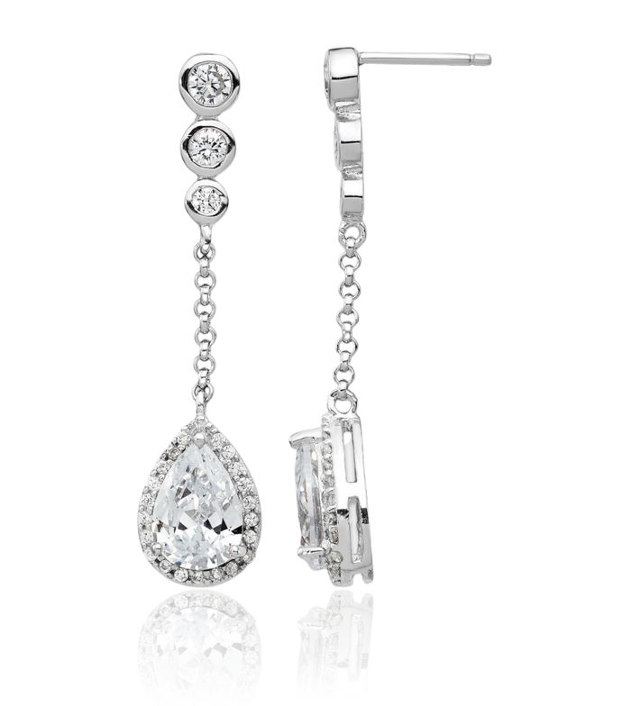 925 Sterling Silver Cubic Zirconia CZ Teardrop Halo Round Post Drop Dangle Earrings