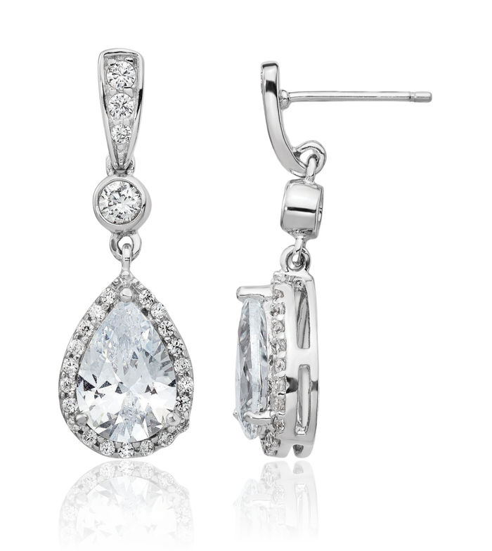 925 Sterling Silver Cubic Zirconia CZ Teardrop Halo Round Post Drop Dangle Earrings