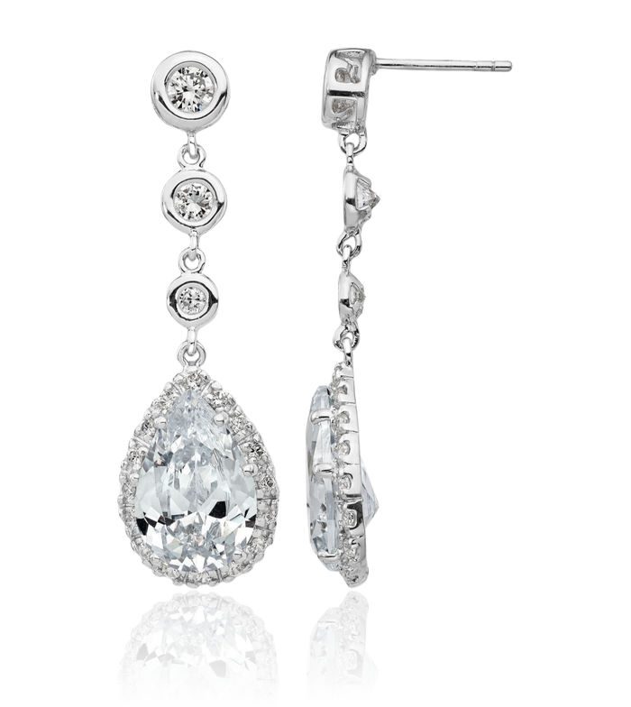 925 Sterling Silver Cubic Zirconia CZ Teardrop Halo Round Post Drop Dangle Earrings