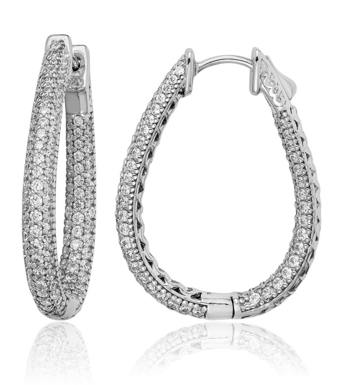 925 Sterling Silver Cubic Zirconia CZ Teardrop Oval Medium Hoop Earrings