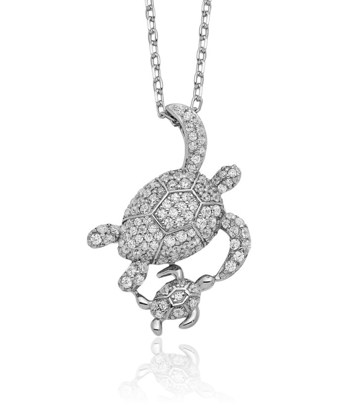 925 Sterling Silver Cubic Zirconia CZ Turtles Necklace Chain