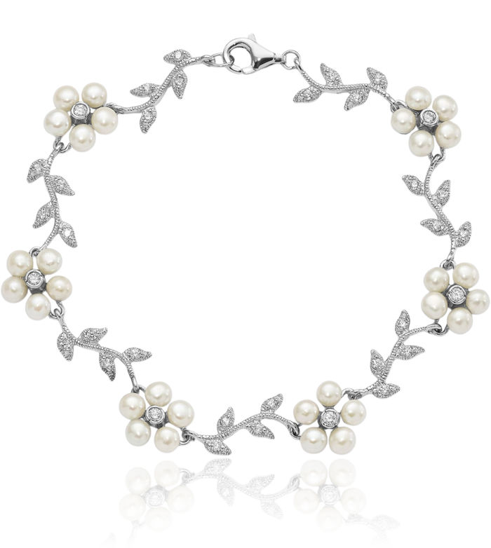 925 Sterling Silver Cubic Zirconia CZ Vine Freshwater Cultured Pearl Flower Chain Charm Bracelet