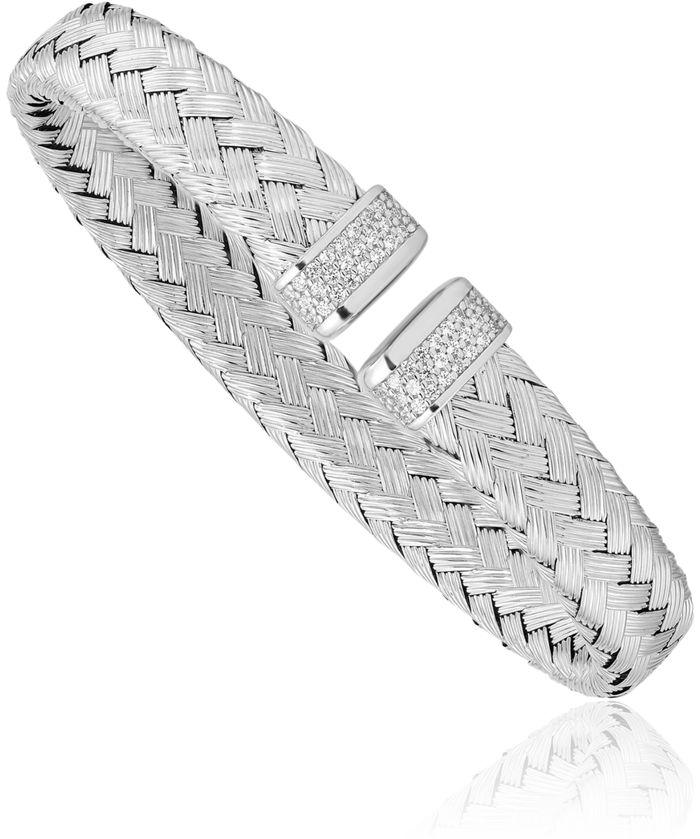 925 Sterling Silver Cubic Zirconia CZ Woven Flexible Cuff Bracelet