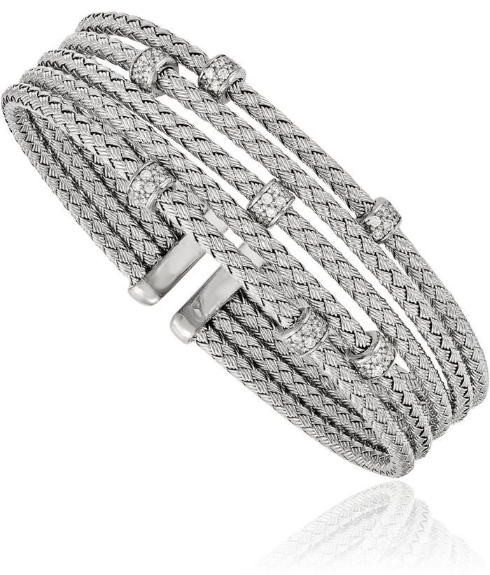 925 Sterling Silver Cubic Zirconia CZ Woven Flexible Cuff Bracelet