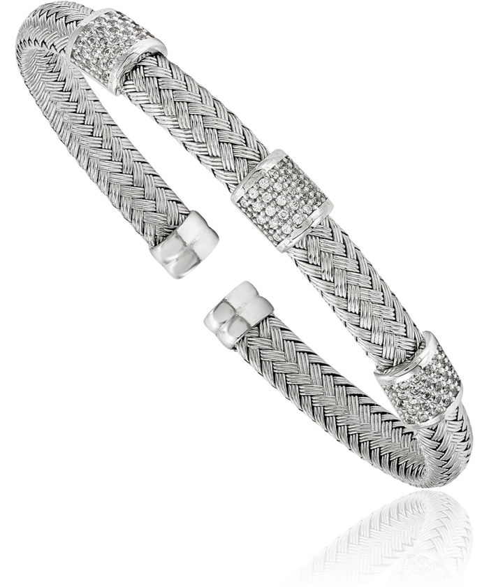 925 Sterling Silver Cubic Zirconia CZ Woven Flexible Cuff Bracelet