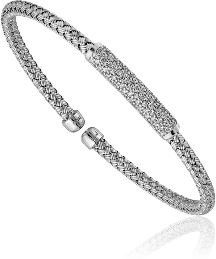 925 Sterling Silver Cubic Zirconia CZ Woven Flexible Cuff Bracelet