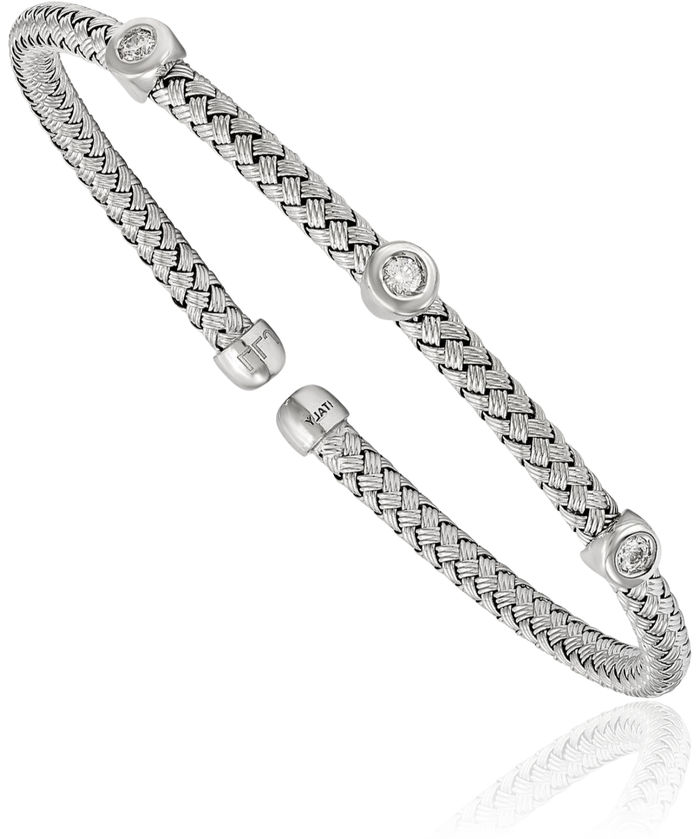 925 Sterling Silver Cubic Zirconia CZ Woven Flexible Cuff Bracelet