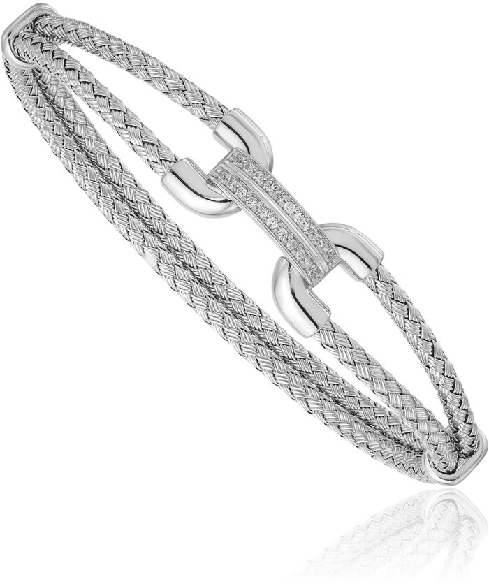 925 Sterling Silver Cubic Zirconia CZ Woven Flexible Cuff Bracelet