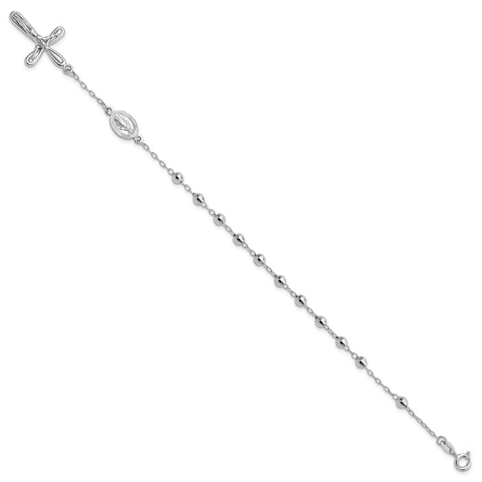 925 Sterling Silver Dangling Holy Cross Ball Rosary Bead Chain Charm Bracelet