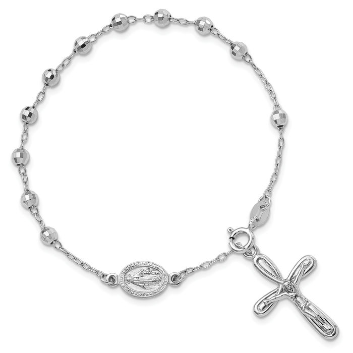 925 Sterling Silver Dangling Holy Cross Ball Rosary Bead Chain Charm Bracelet