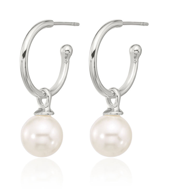 925 Sterling Silver Dangling 10mm Pearl Post C Hoop Earrings