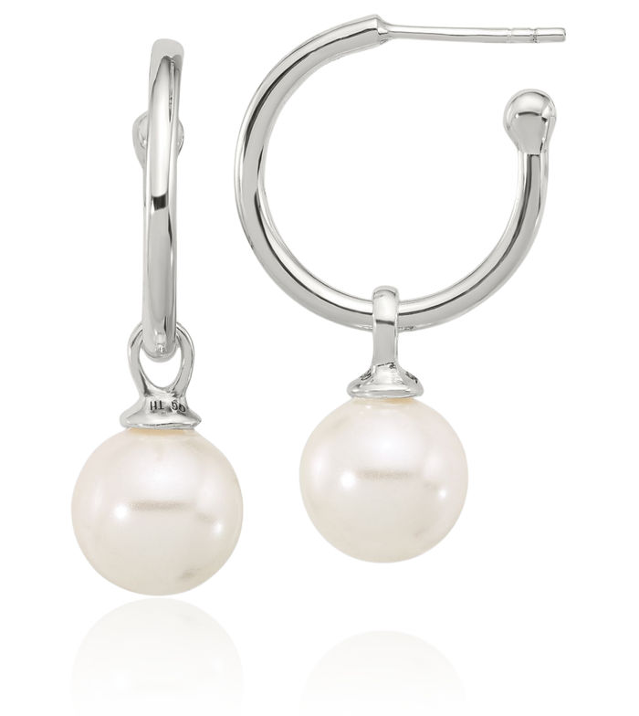 925 Sterling Silver Dangling 10mm Pearl Post C Hoop Earrings