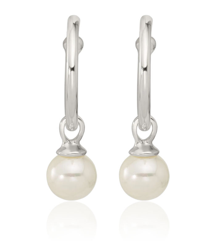 925 Sterling Silver Dangling 8mm Pearl Post C Hoop Earrings