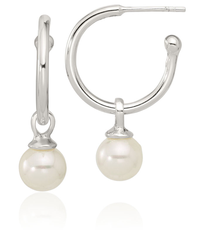 925 Sterling Silver Dangling 8mm Pearl Post C Hoop Earrings