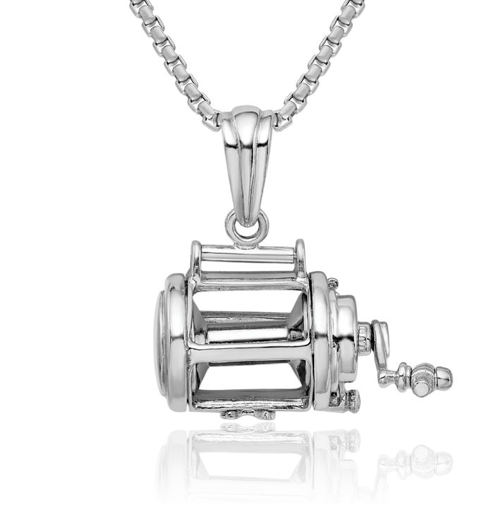 925 Sterling Silver Dangling Fishing Reel Necklace Chain Pendant Charm