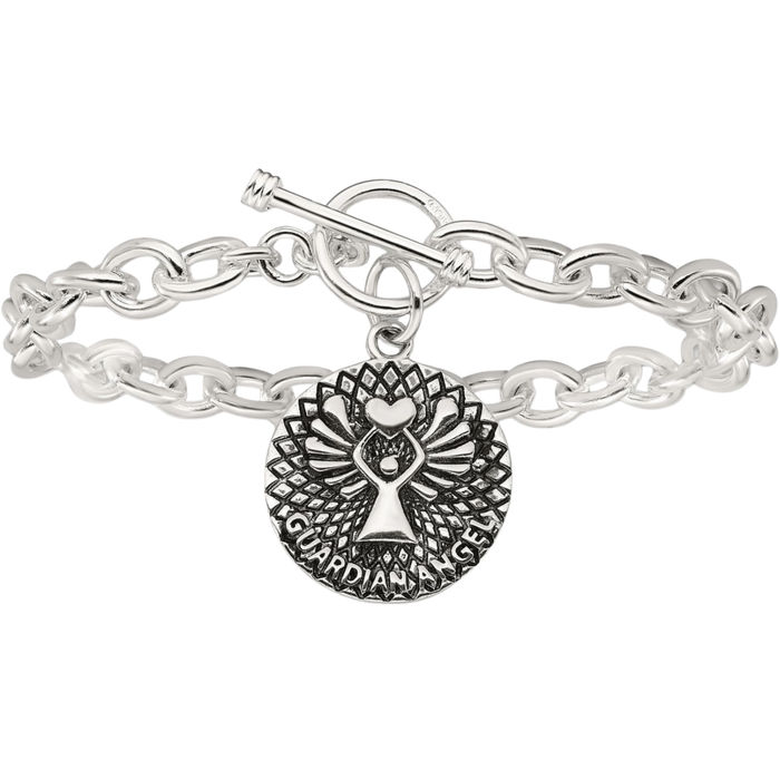 925 Sterling Silver Vintage Dangling Guardian Angel Wings Chain Charm Bracelet Toggle Clasp