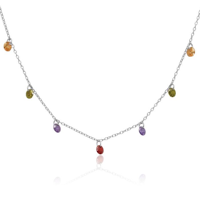 925 Sterling Silver Dangling Multi-color Cubic Zirconia CZ Chain Necklace