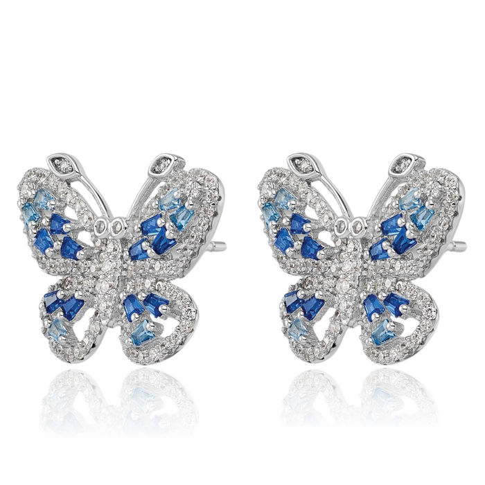 925 Sterling Silver Dark Blue Cubic Zirconia CZ Butterfly Wings Stud Earrings