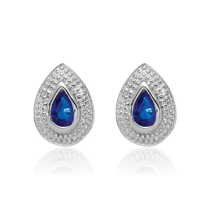 925 Sterling Silver Dark Blue Sapphire Diamond Studs Pear Teardrop Gemstone Earrings