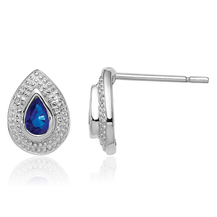 925 Sterling Silver Dark Blue Sapphire Diamond Studs Pear Teardrop Gemstone Earrings