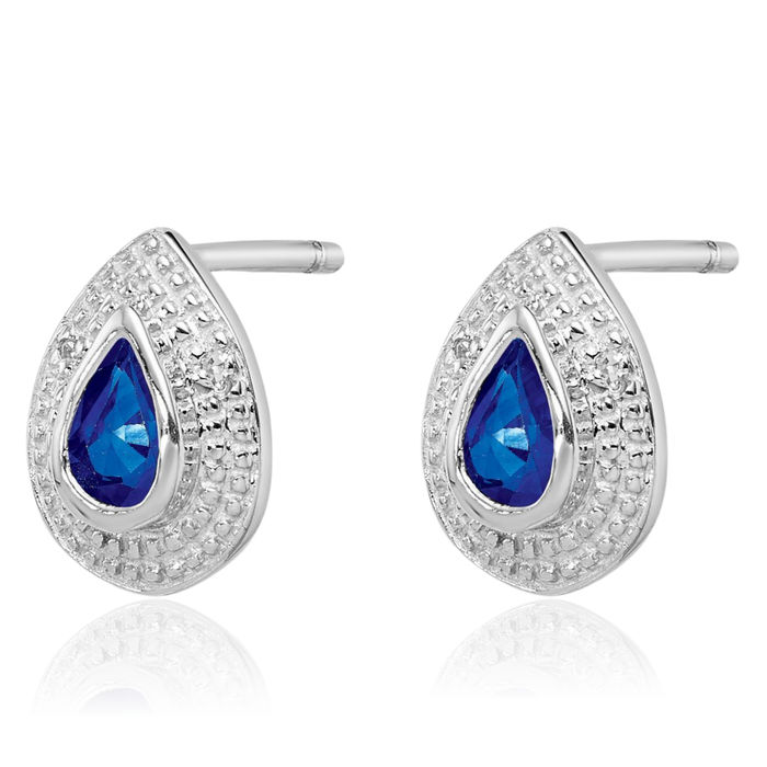 925 Sterling Silver Dark Blue Sapphire Diamond Studs Pear Teardrop Gemstone Earrings