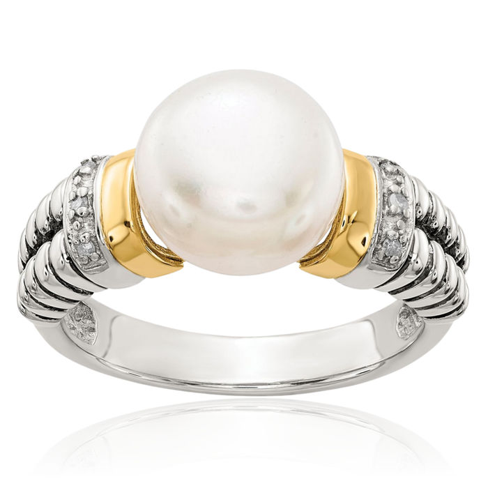 925 Sterling Silver Vintage Diamond 10mm Freshwater Cultured Pearl Statement Ring