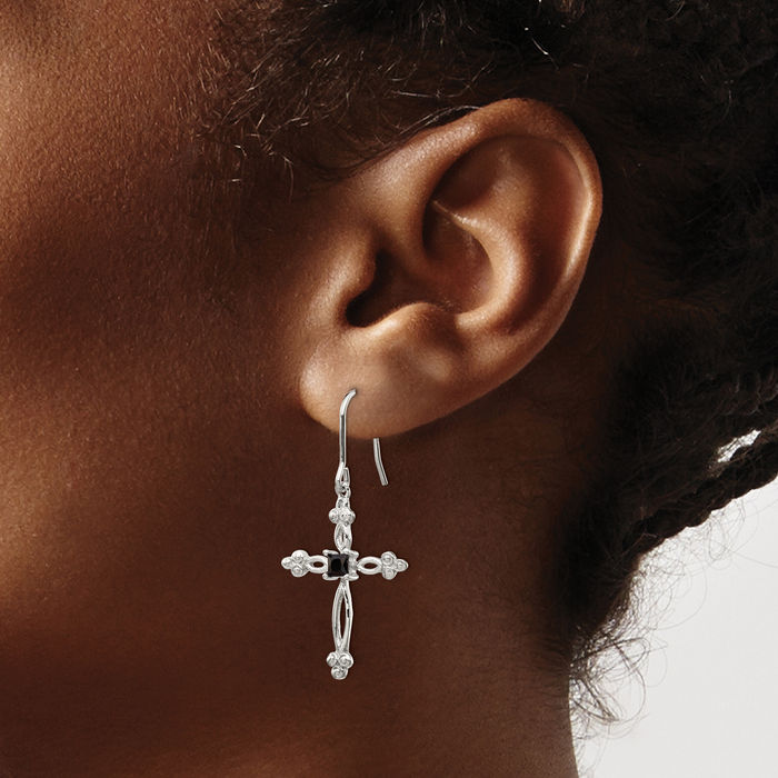 925 Sterling Silver Diamond Black Cubic Zirconia CZ Budded Hanging Holy Cross Christian Religious Drop Dangle Earrings