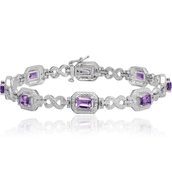 925 Sterling Silver Diamond Purple Amethyst Chain Tennis Charm Bracelet