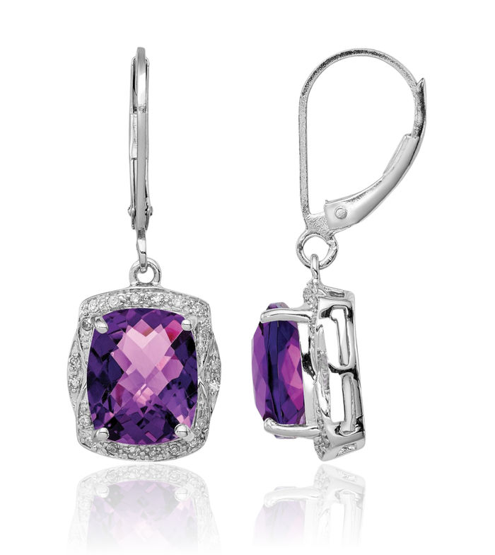 925 Sterling Silver Diamond Purple Amethyst Drop Dangle Earrings