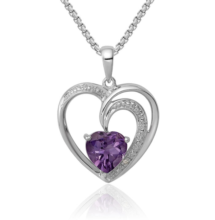 925 Sterling Silver Diamond Purple Amethyst Heart Necklace Charm Gemstone Pendant February Birthstone Jewelry