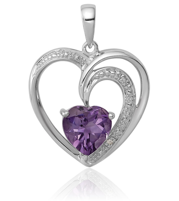 925 Sterling Silver Diamond Purple Amethyst Heart Necklace Charm Gemstone Pendant February Birthstone Jewelry