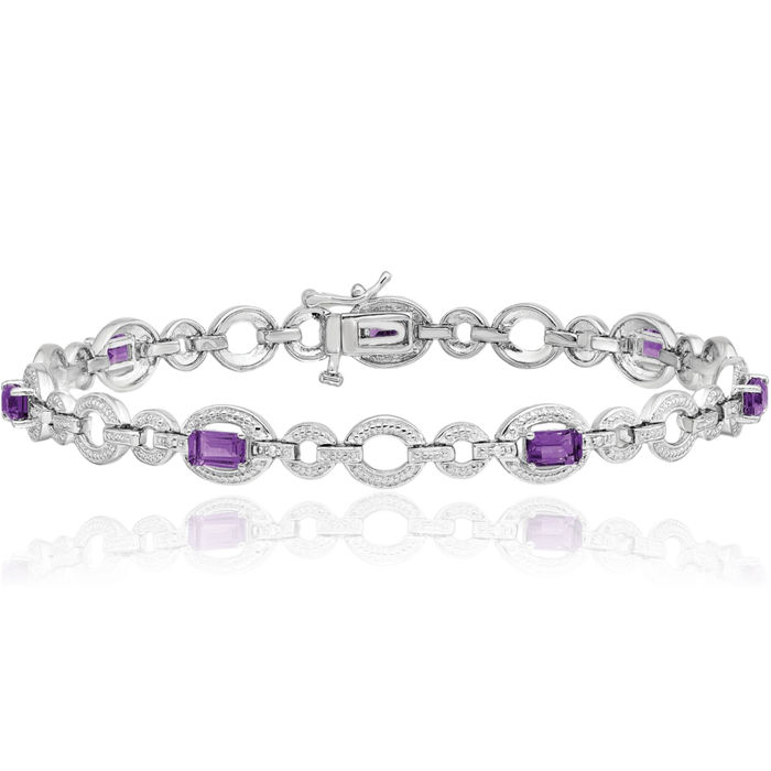 925 Sterling Silver Diamond Purple Amethyst Oval Cable Rolo Link Chain Bracelet