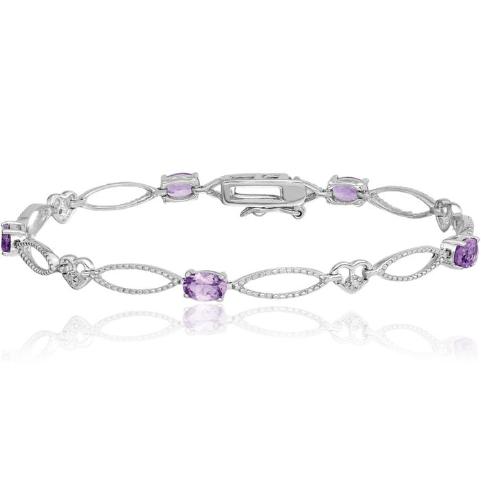 925 Sterling Silver Diamond Purple Amethyst Oval Chain Tennis Charm Bracelet