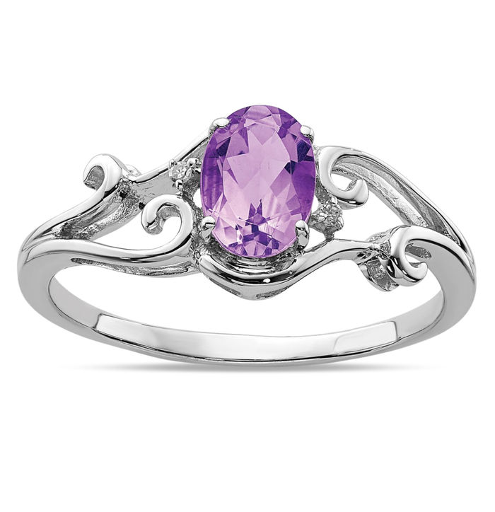 925 Sterling Silver Diamond Purple Amethyst Oval Ring Gemstone Band